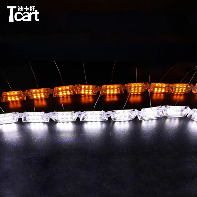 Tcart auto warming daytime running light strip 12V crystal led DRL  3color Flexible Day Lights with turn yellow signal lamp