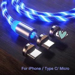 3 in 1 flowing Glowing LED light Wire Cord Mobile Phone Charging Micro USB Type C Magnetic data charger cable for iPhone