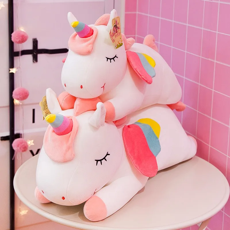 Lying Rainbow Unicorn Plush Pillow Pink White Unicorn Stuffed Animals Doll Super Soft Cute Angel Unicorn Horse Stuffed Plush Toy