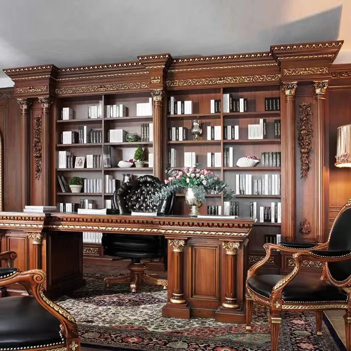 Hot selling office study room  red wood carved wooden large office executive table desk with top cow leather office chair
