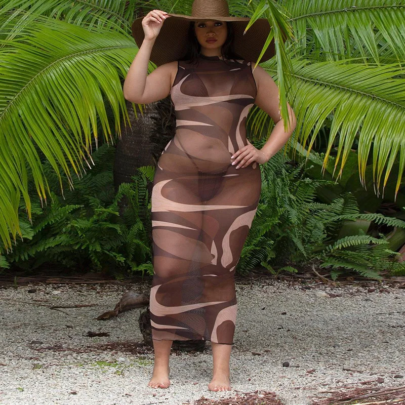 Sexy Chic Abstract Print Sheer Mesh Bodycon Maxi Dresses for Women Summer Beach Vacation Outfits