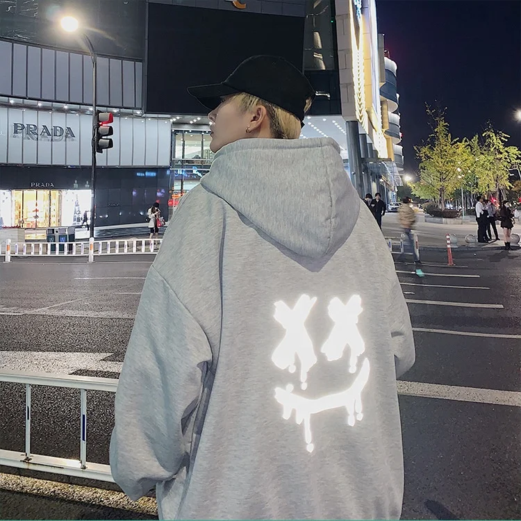JY040 Loose large size hooded Smiley reflective men graphic hoodies  plus velvet thick streetwear hoodie