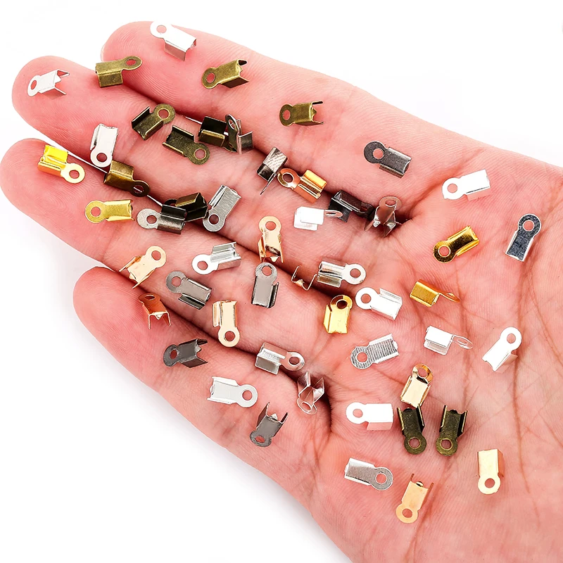 200pcs/bag 3mm 4mm Metal Rope Fastener Crimp Fold Over Cord End leather Clip Connector For DIY Jewelry Making Findings