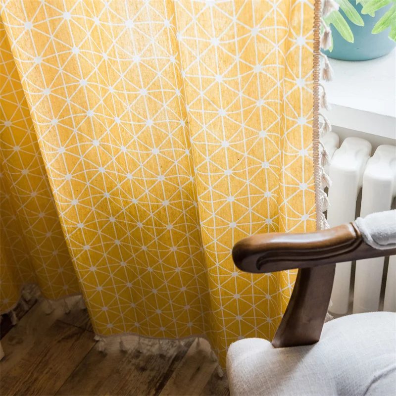 Japanese Style Yellow Geometric Design Printed Curtains With Tassels Modern Simple Country House Curtains