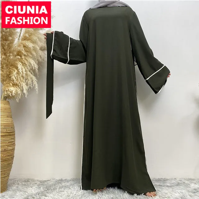 6472# white stripe decoration Long Sleeve Maxi Dress with Belt Islamic Arab Saudi Muslim Dress for Ladies