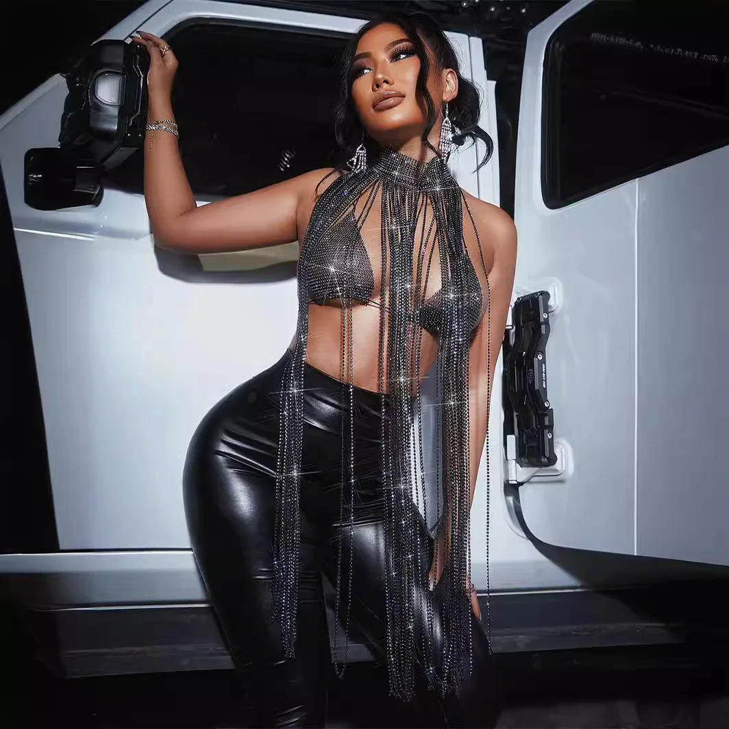 Crystal Bikini Fashion Streetwear Custom Shiny Glitter Long Tassel Rhinestone Body Bra Chain Jewelry And Bra Top Set