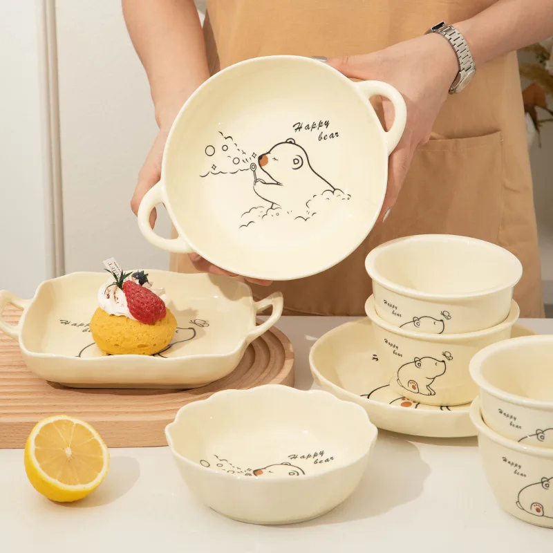 High aesthetic value cream-inspired ceramic bowl plate and dish tableware set for home use Wholesale rice spoons rice bowls