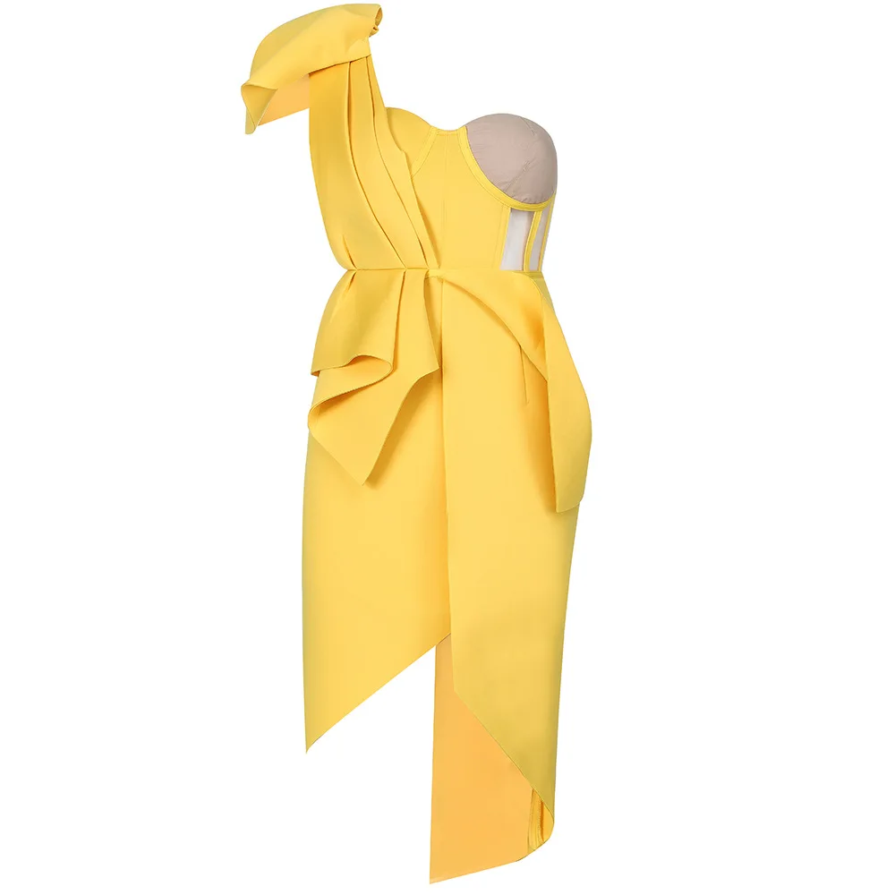 
New 2020 White Yellow One Shoulder Design dress Women Lady Elegant Bow Bodycon Club Dresses 