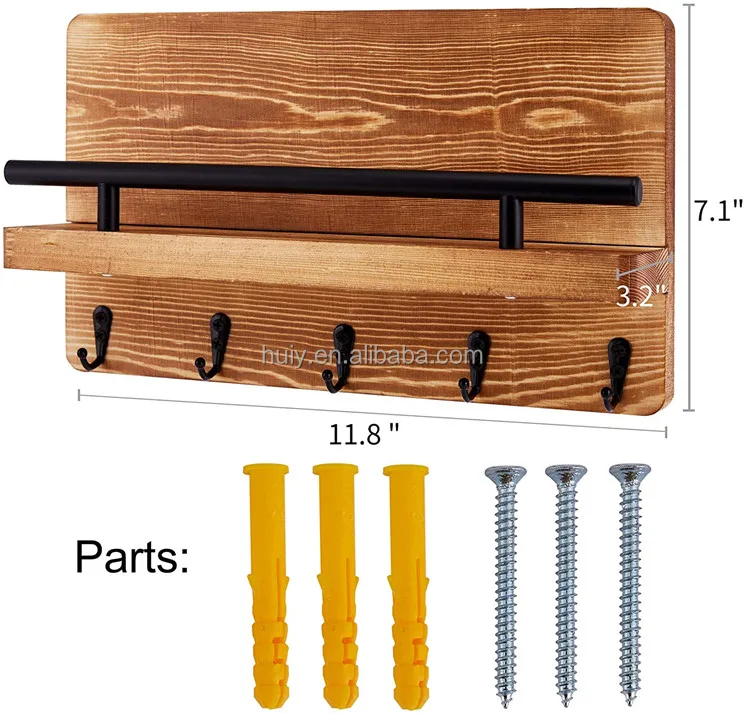 Wall mounted mail shelf sorter and organizer decorative wooden mail and key holder for entryway