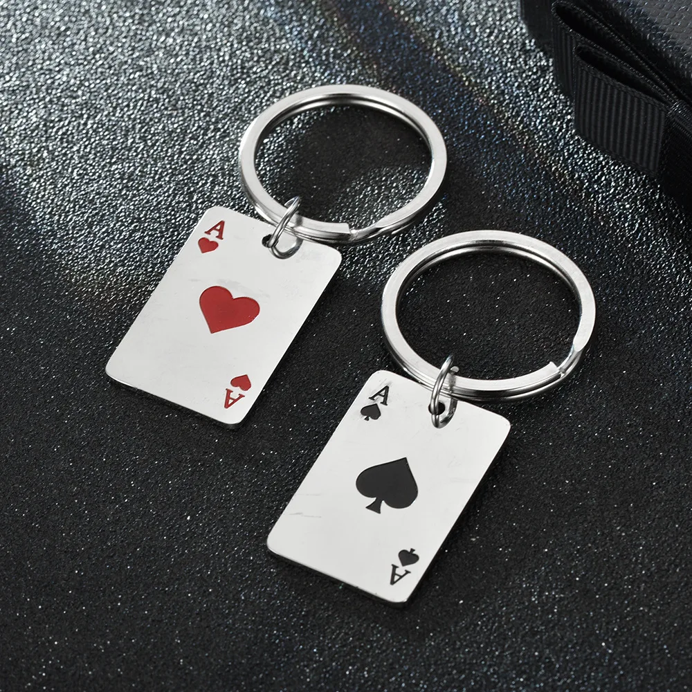 Wholesale Silver Plated Stainless Steel Square Poker Card Pendant Lucky Spades Heart Ace Keychain For Key Charms