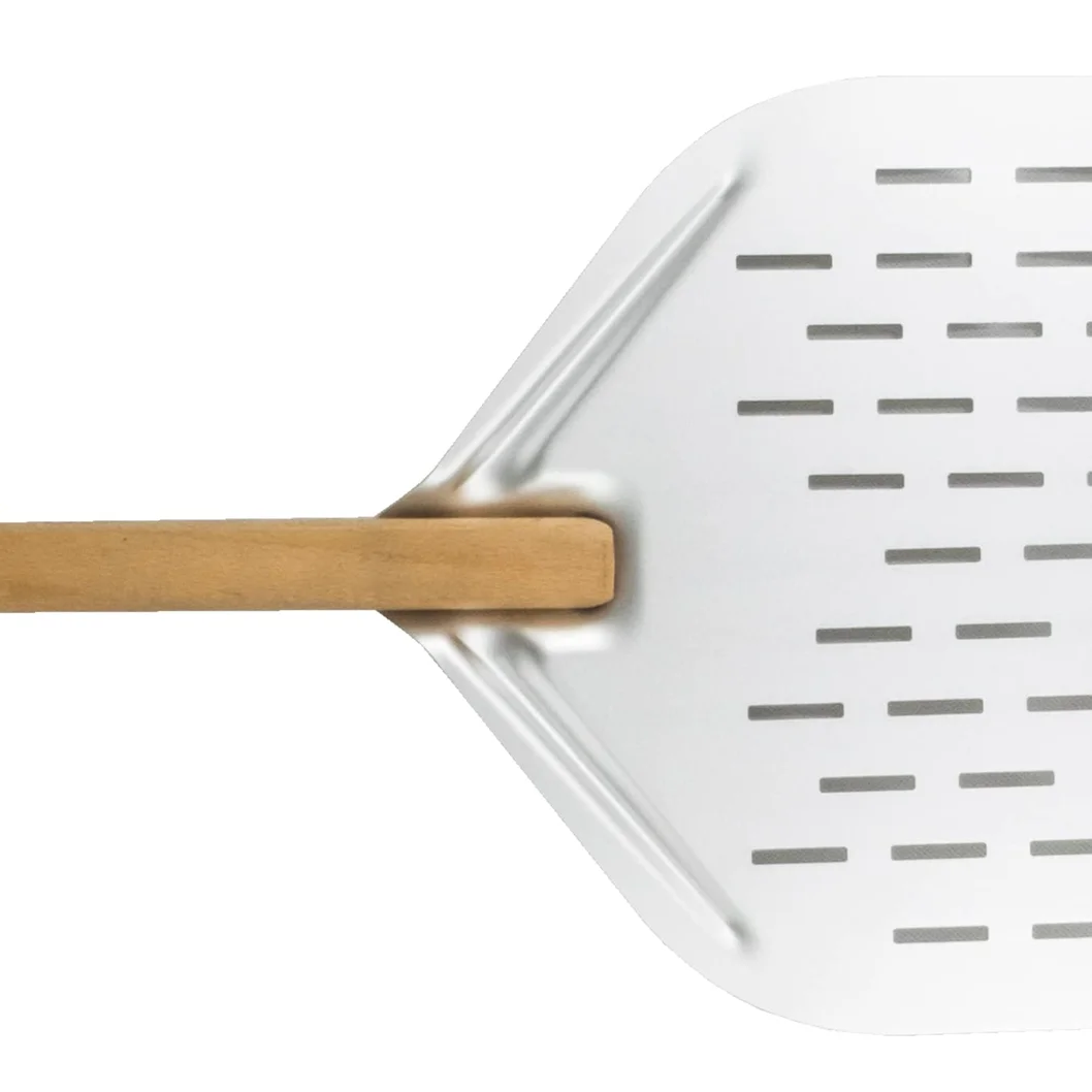 Premium 12 inch Lightweight Perforated Metal Anodized Aluminum Pizza Peel Shovel with Wood Handle Perfect for Homemade Pizza