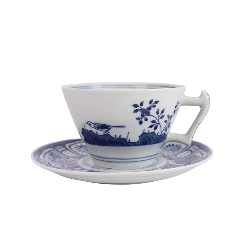 RXBR01-A  Blue and White handpainted  flower and bird pattern Ceramic Coffee Cup with Plate