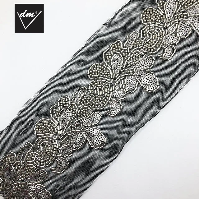 New Design Flower Pattern Knitted Beaded with Sequin Lace Trimming