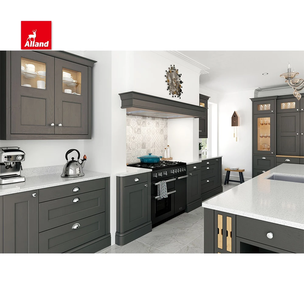 AllandCabinet Customized Grey Lacquer MDF Painted Nature Wood Shaker Recessed Raised Kitchen Cabinet with Island Glass Door