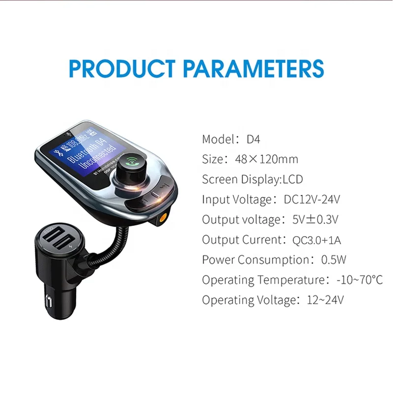 
D4 LED QC3.0 BT Car kit Dual USB Car Charger 2 Port USB MP3 music Player FM Transmitter BT 