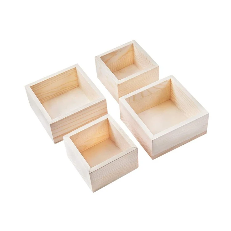4 pcs 2 Sizes Square Small Wood Crate 3x3 4x4 Inch Natural Rustic Wooden Box Storage Organizer Craft Box square wooden crate