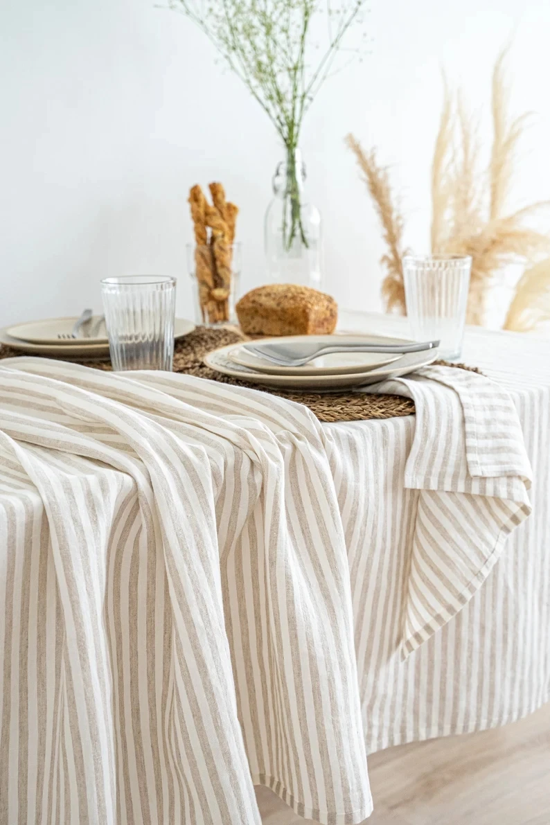 Chic style simple stripe place mat stone washing linen natural stripe napkins