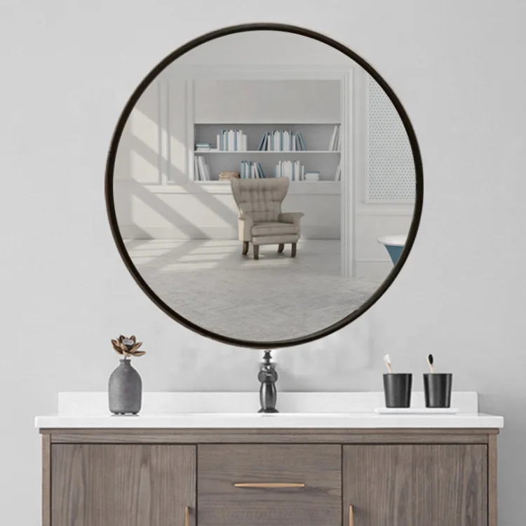 80cm diameter black iron frame round metal framed wall hanging mirror