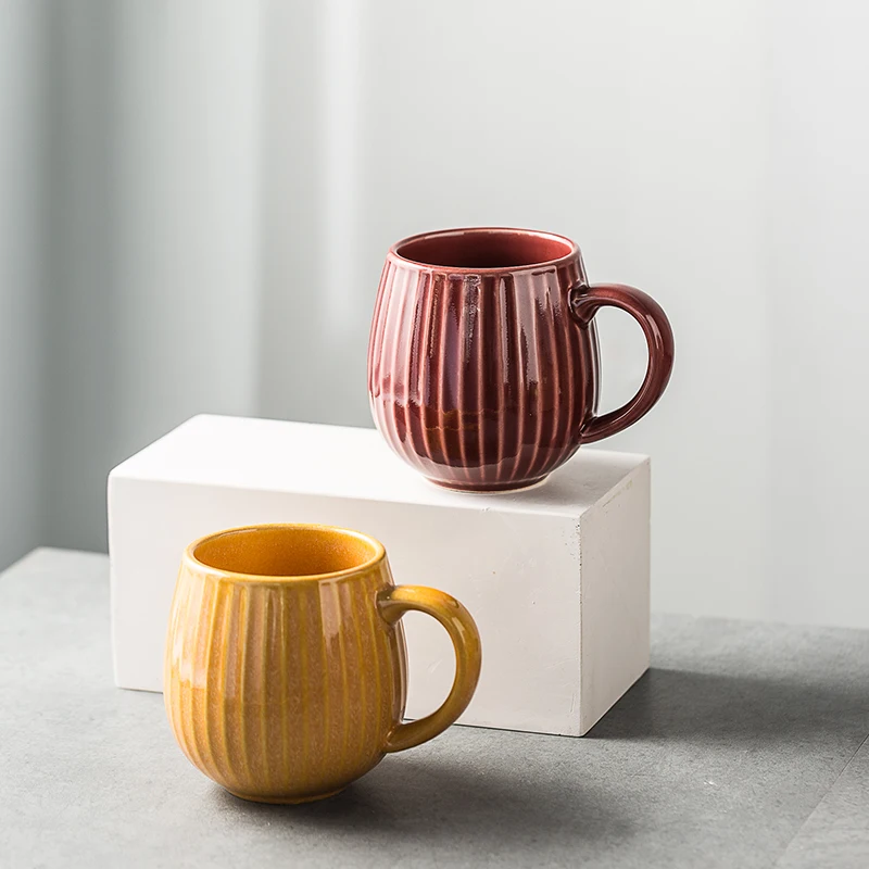 Hot Selling Large Capacity 17 oz Reusable Coffee Cups Ceramic Mug with Handle Fambe Choppy Style Home Use Office Cup