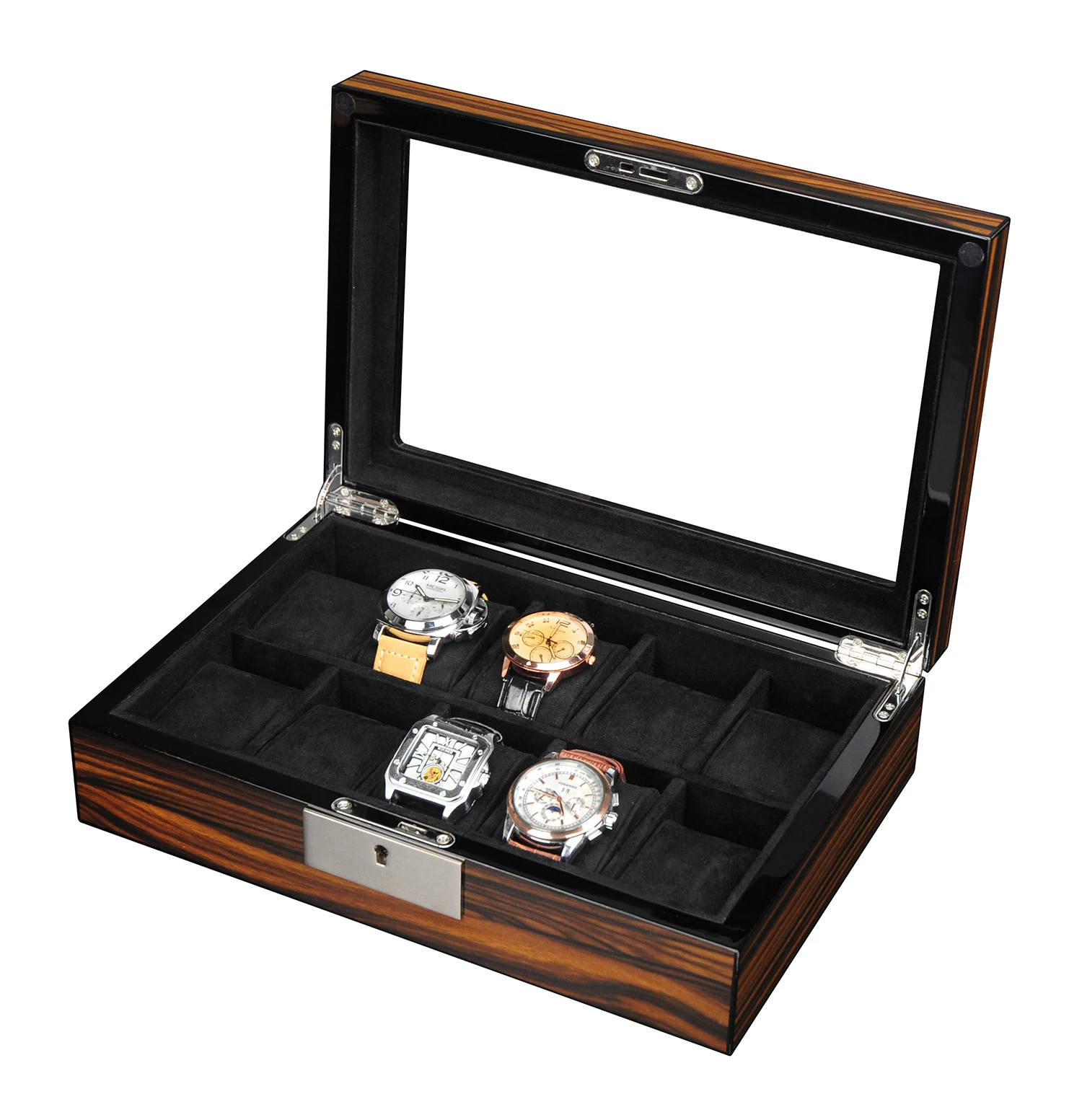 Luxury and Handmade 10 Slots High Gloss Wooden Watch Display Box with Key Lock Set and Window for Watch Collectors