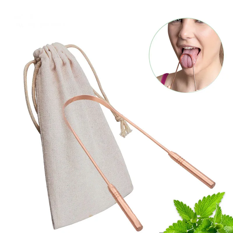 All Natural Ayurvedic U shaped Tongue Cleaner portable cotton bag pack 100% pure copper tongue scraper