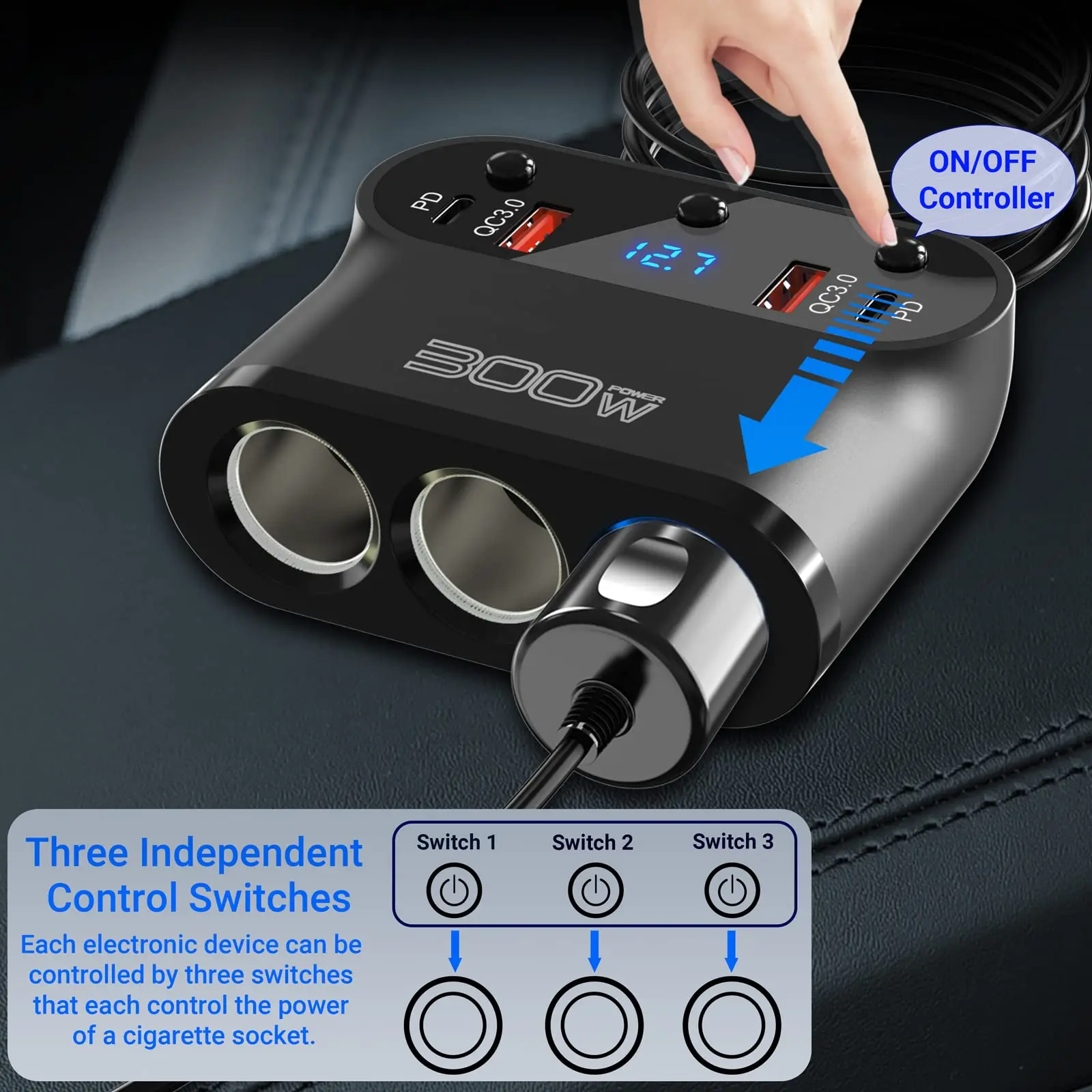 300W 3 Socket Car Charger Extensions 12V Splitter with Dual PD 30W QC 3.0 Fast Charger Car Plug 7 in 1 Cigarette Lighter Adapter