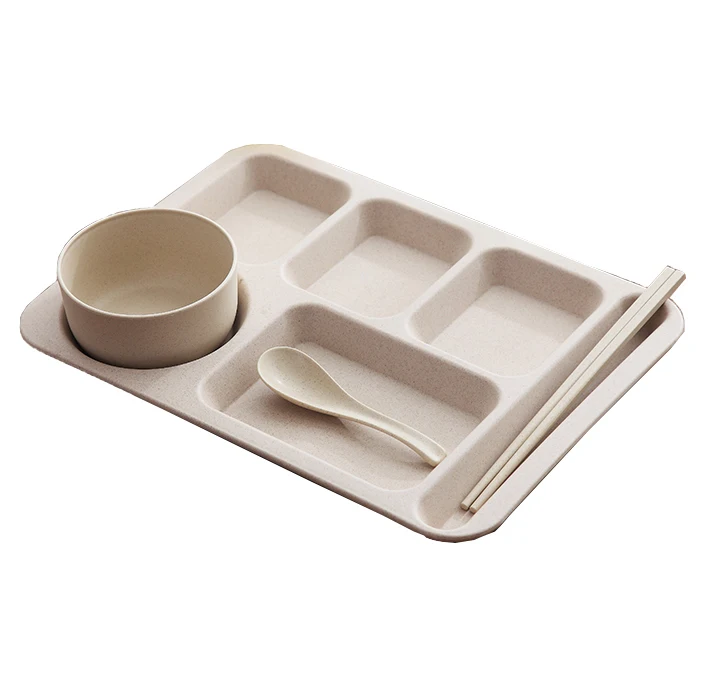 2023 best sale unbreakable chequered eco friendly pink children square wheat plastic bowl and plates set with spoon and fork