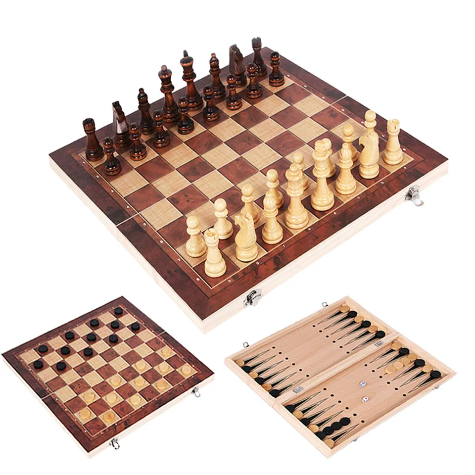 Wooden Chess Game Backgammon Checkers Indoor Travel Chess Wooden Folding Chessboard Chess