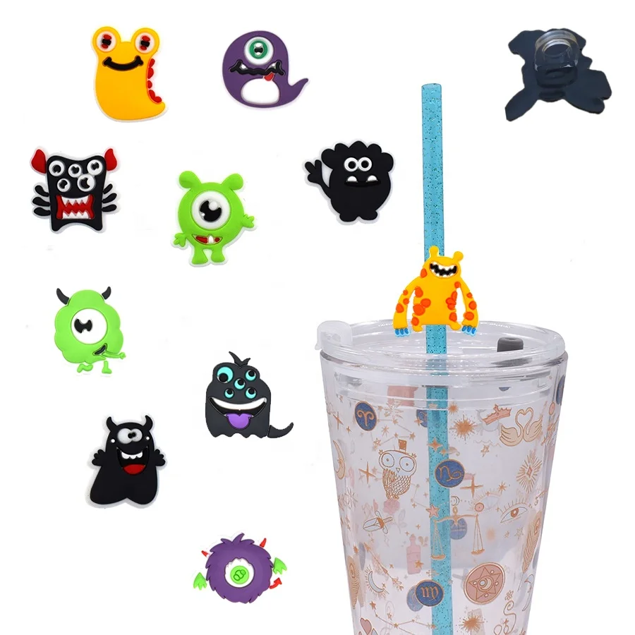 Cartoon Cute Monsters Styled 8mm Reusable Sippy Cup Lid With Silicone PVC Straw For Drinking Differentiated Decorative Cup