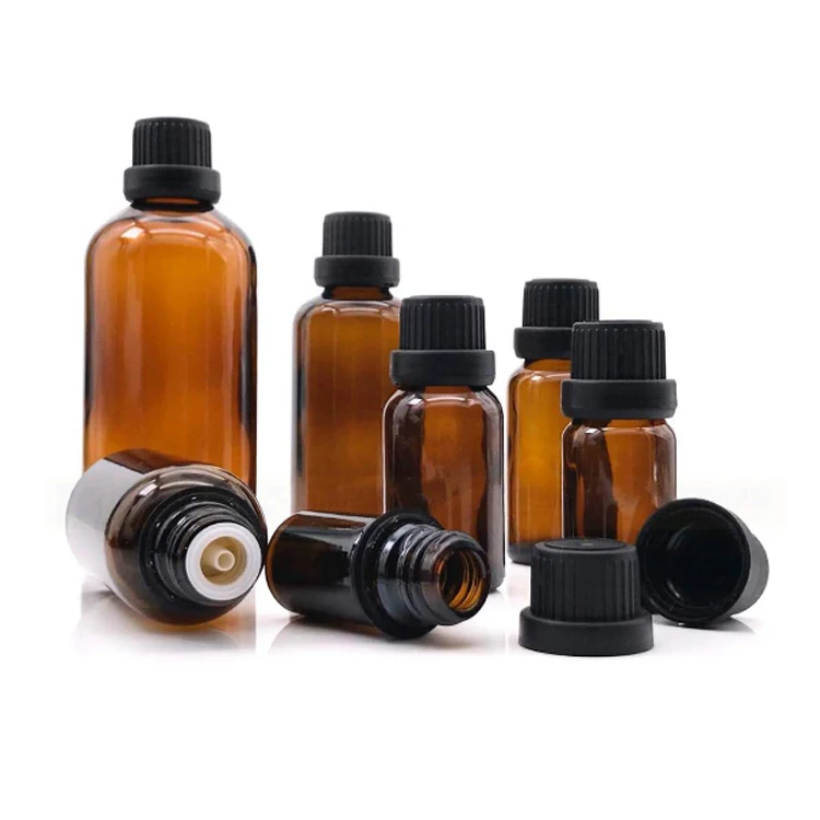 Wholesale Skin Care 1 oz 2 oz Amber Glass Screw Cap stopper 5ml-100 ml black big head plastic screw lid Essential Oil Bottle
