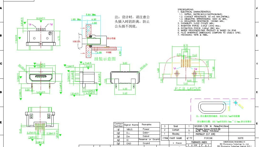 IP66 Waterproof Micro USB Type B Female 5P Connector SMT  with Rating 3 A