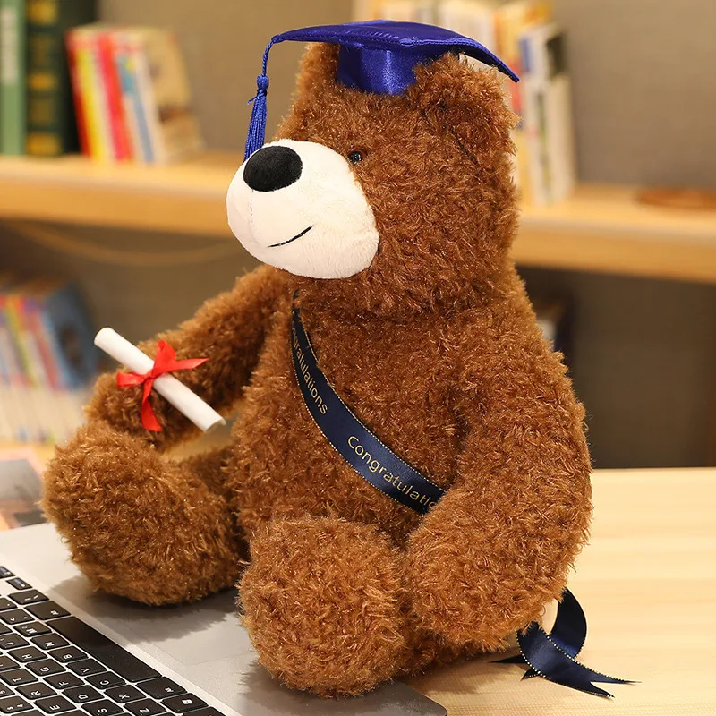 Factory Price 35cm Stuffed Animal Cute Bachelor Dr. Student Graduation Plush Teddy Bear With Red Hat
