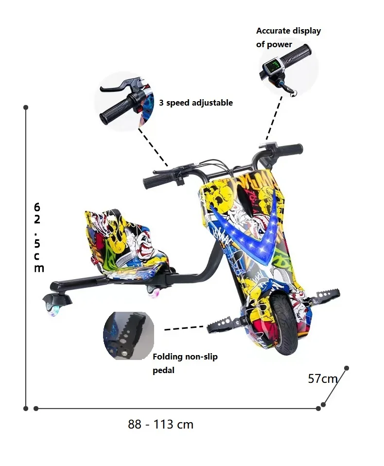 Ride on electric drift trike speed up to 10m/h electric kid scooter 3 wheel drifting electric children scooter drift kart