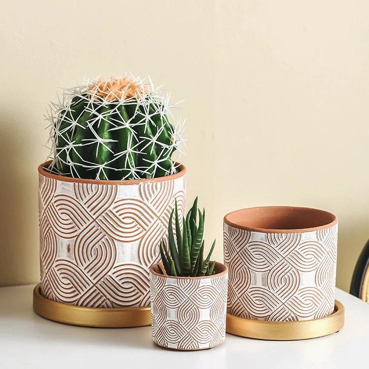 Creative cylinder home balcony decoration bonsai pots indoor decorative terracotta embossed flower pot