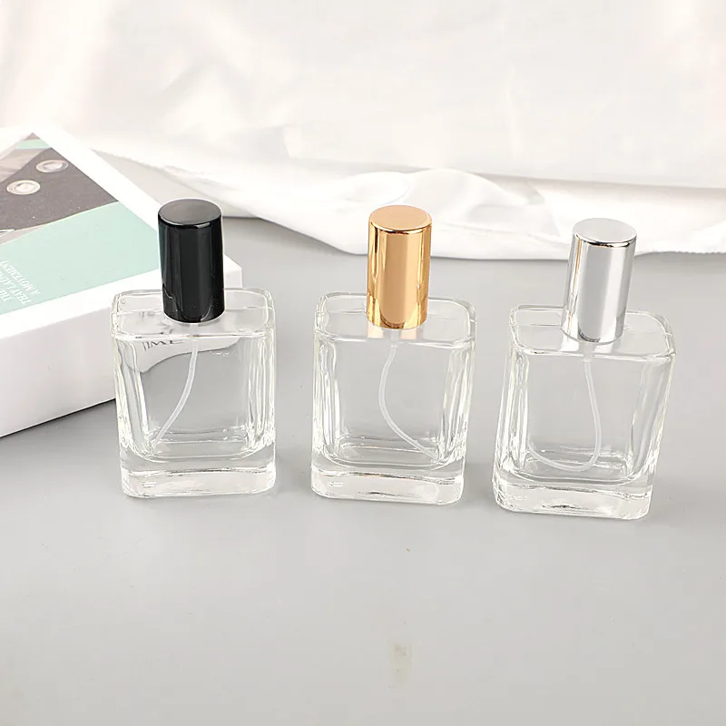 Hot sale square shape white pink orange red blue color 30ml 1oz luxury perfume bottle refill glass spray