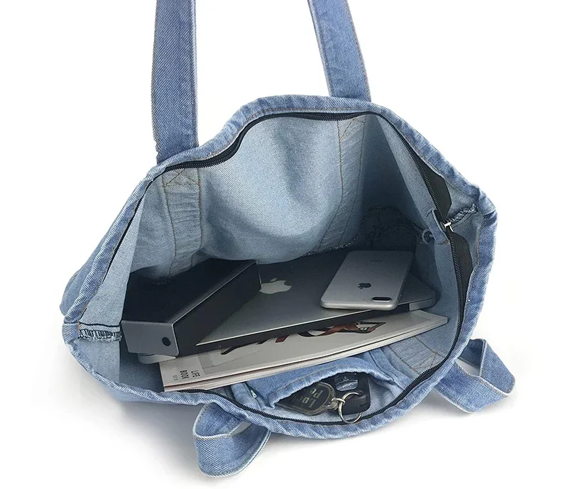 Wholesale Custom Logo Eco Recycled Fashion Denim Fabric Grocery Jean Tote Bags Denim Tote Bag