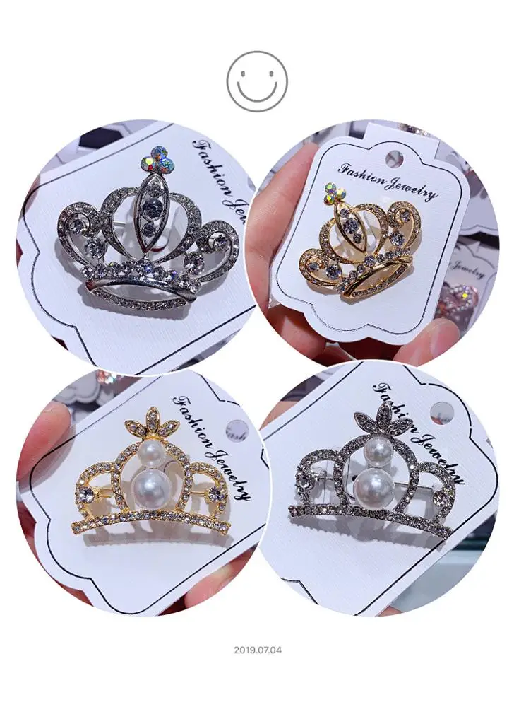 Gold Plated Suits Shirt Luxury Crystal Pearl Crown Brooch Pin Rhinestone Crown Brooch for Clothes Accessories