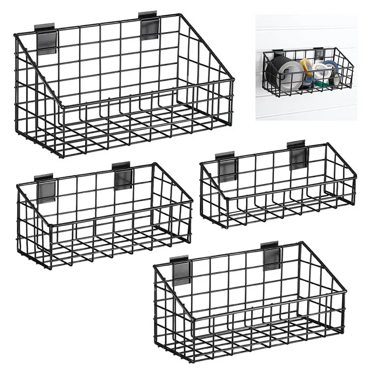 JH-Mech 4 Pack Slatwall Basket For Garage Storage Display Organizing On Slatwall Multi Size Beveled Metal Wire Storage Basket