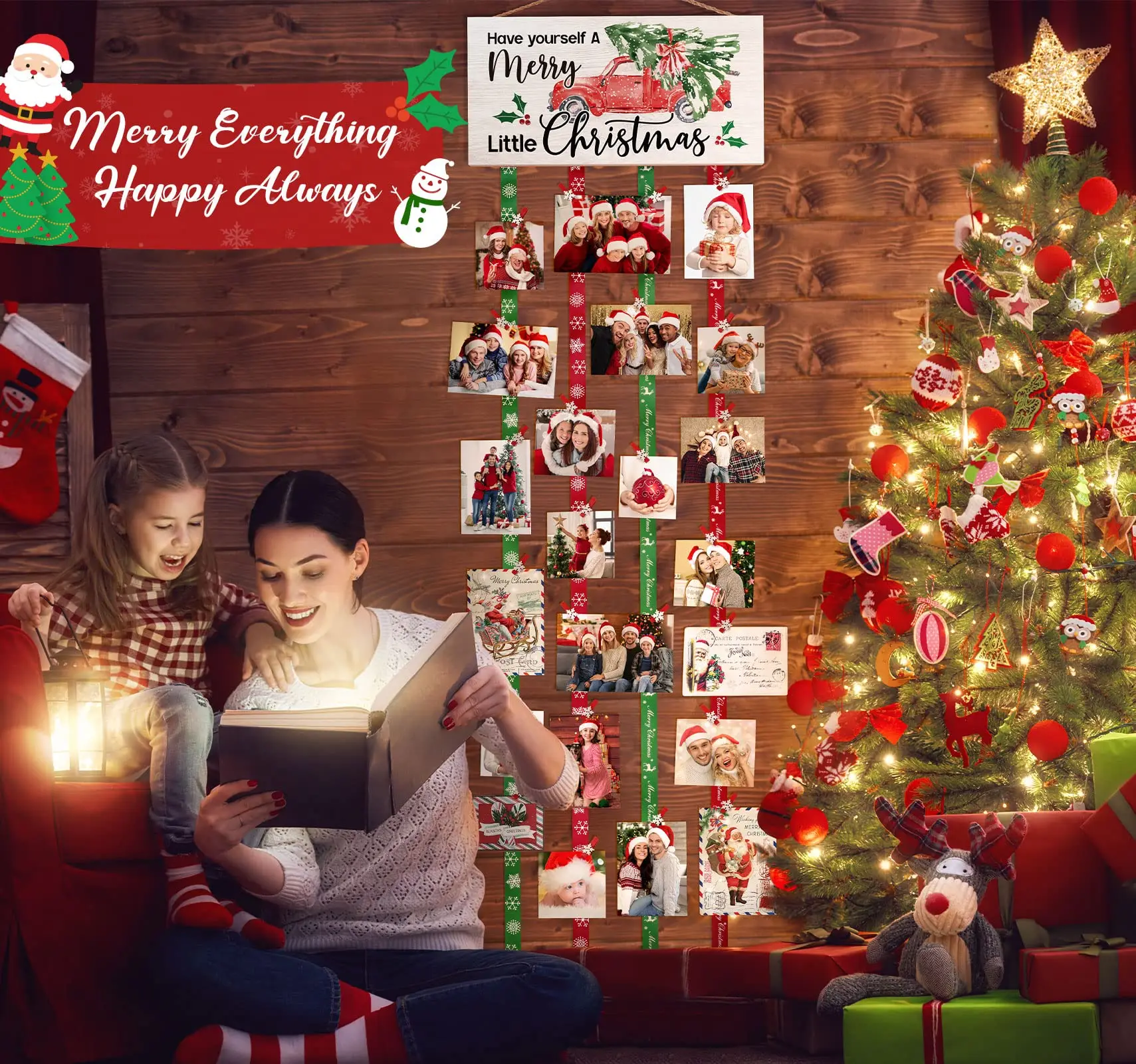 Christmas Card Holder Farmhouse Merry Christmas Sign Card Display Hanging Wood Sign Decor With 30 Photo Clips Photo Holder