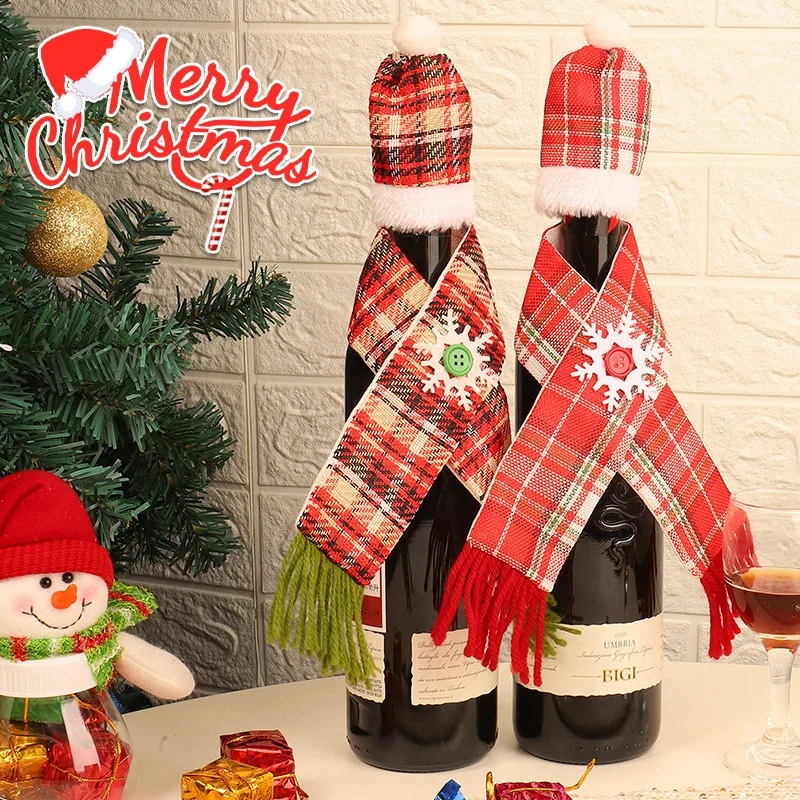 BSCI SJ0607 Hat and Scarf Set Merry Christmas Decor Wine Bottle cover Plaid Home Santa