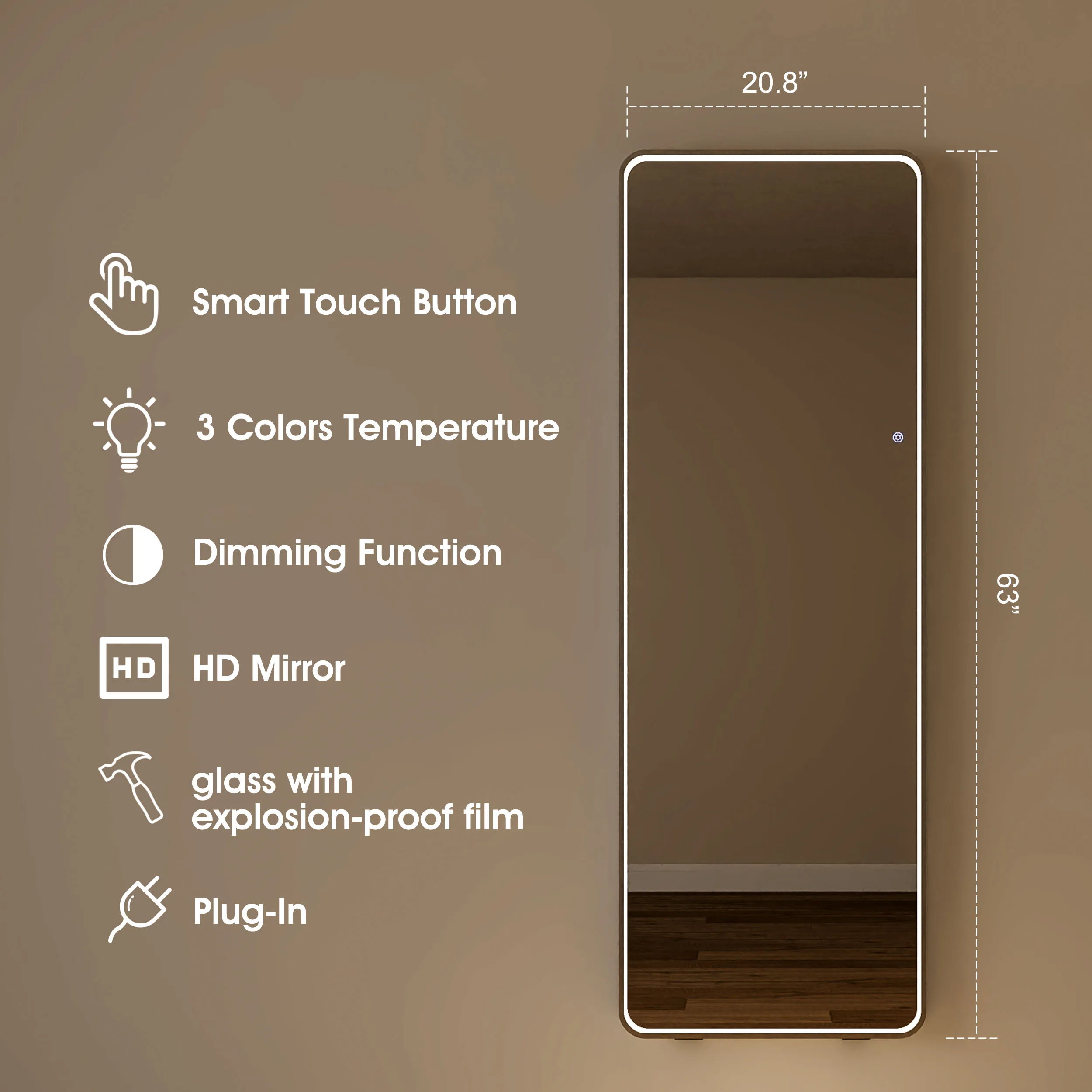 3 Color Dimmable Lighting Aluminum Frame Large Size Salon Body Dressing Full Length With Led Light Floor Standing Mirror