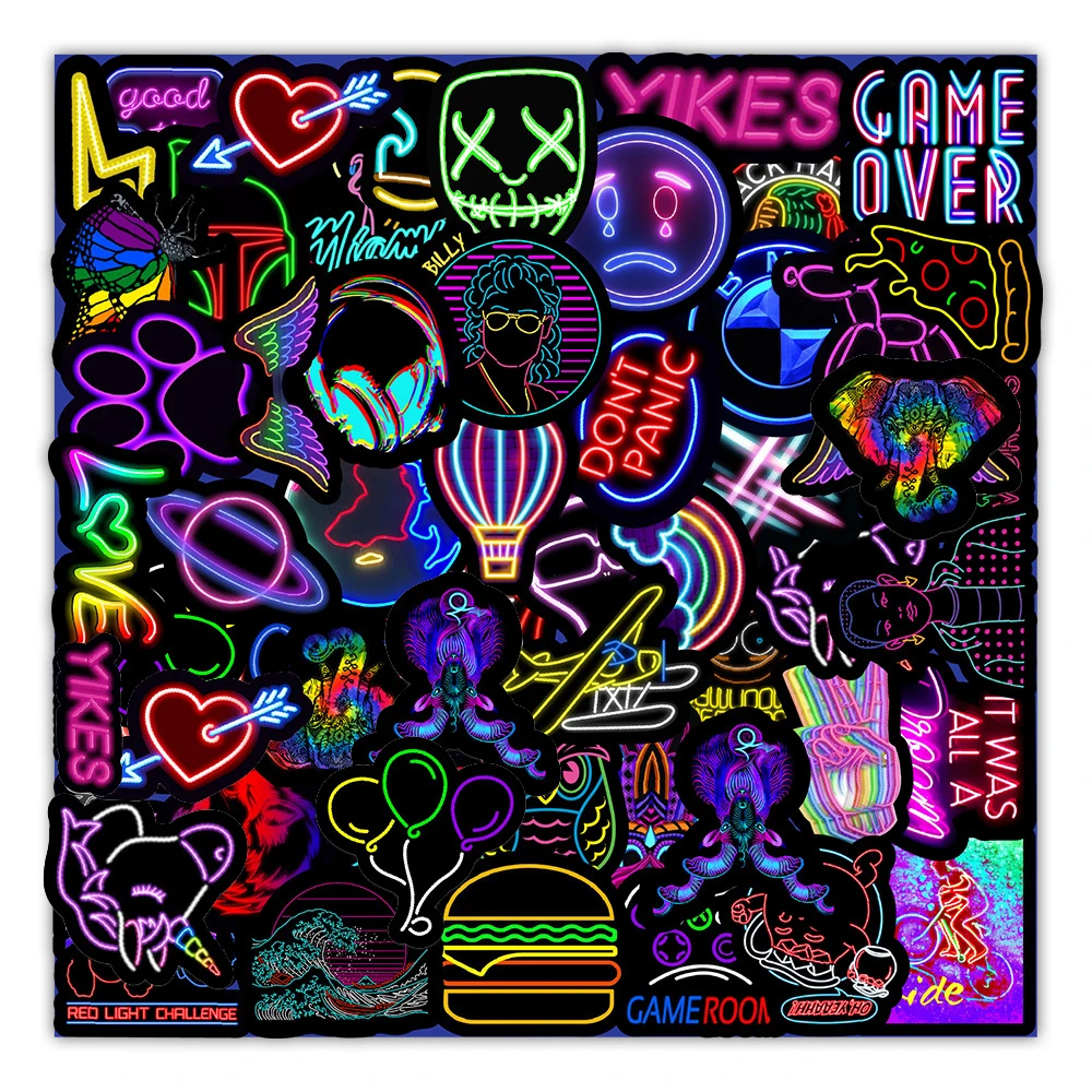 
10/30/50PCS Cartoon Neon Light Graffiti Stickers Car Guitar Motorcycle Luggage Suitcase DIY Classic Toy Decal Sticker for Kid 