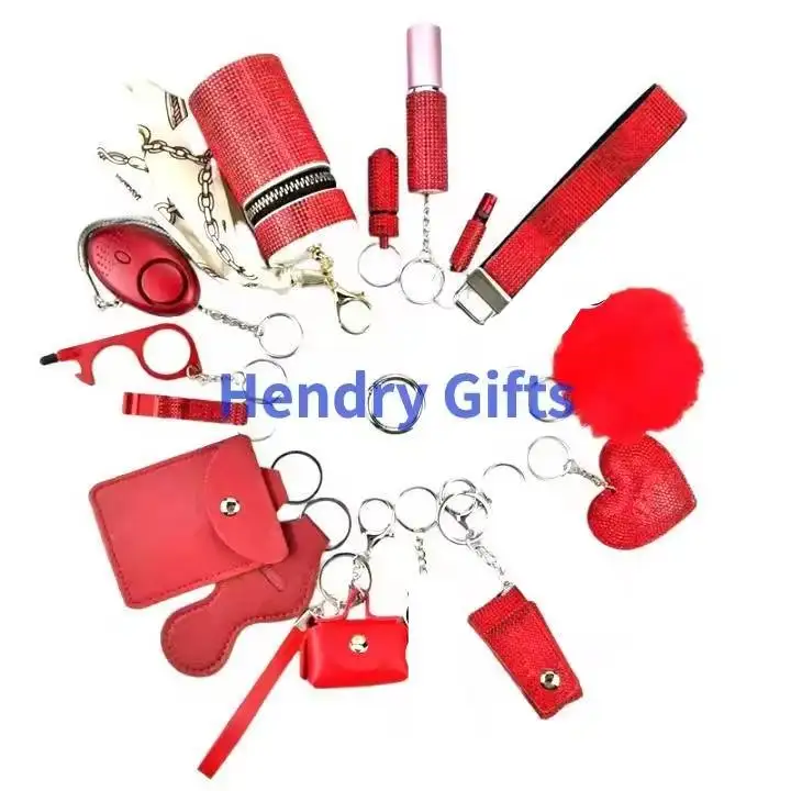 New Diamond Rhinestone Lipstick Bag Wristlet Keychain Alarm Safety Keychain Set wholesale Self Defense for Women