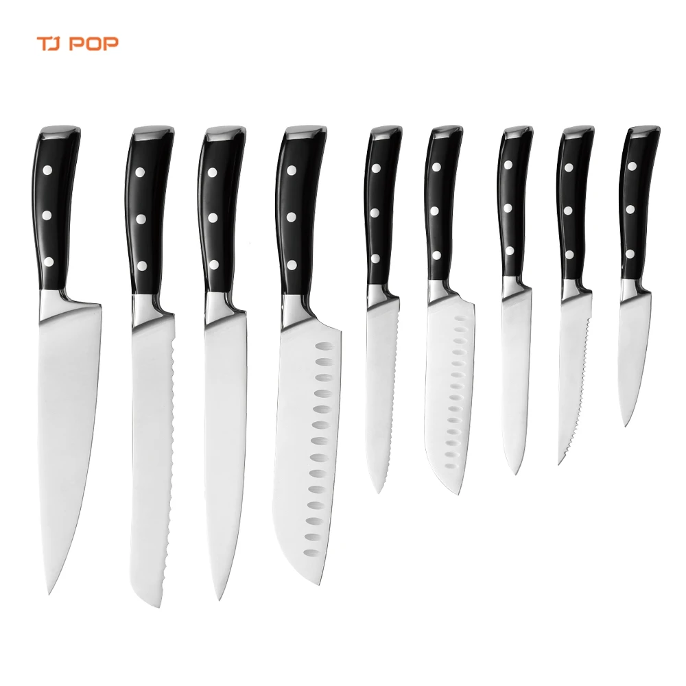 10 Pieces Stainless Steel Kitchen Knife Set with Block Wooden Chef Slicer Santoku Bread Utility Tomato Paring Steak Knife