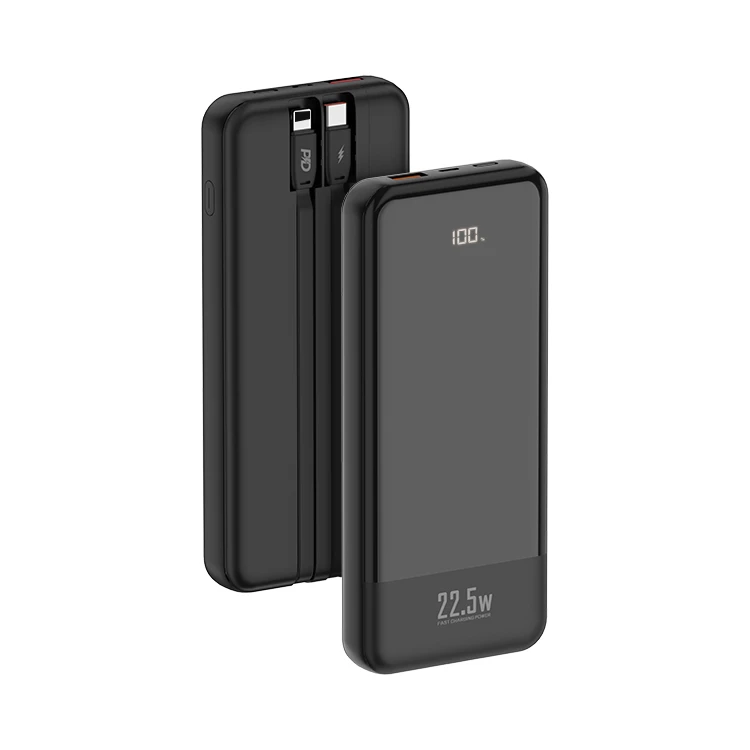 FONENG brand led display showing 10000mAh capacity power bank 22.5W fast charging slim body power bank buiding with cables