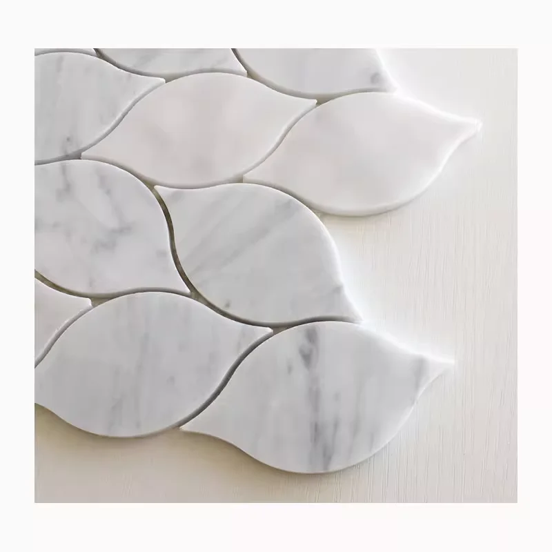 White marble mosaic tile waterjet marble willow leaf stone mosaic bianco carrarra with grey dots inlay bath tiles wall