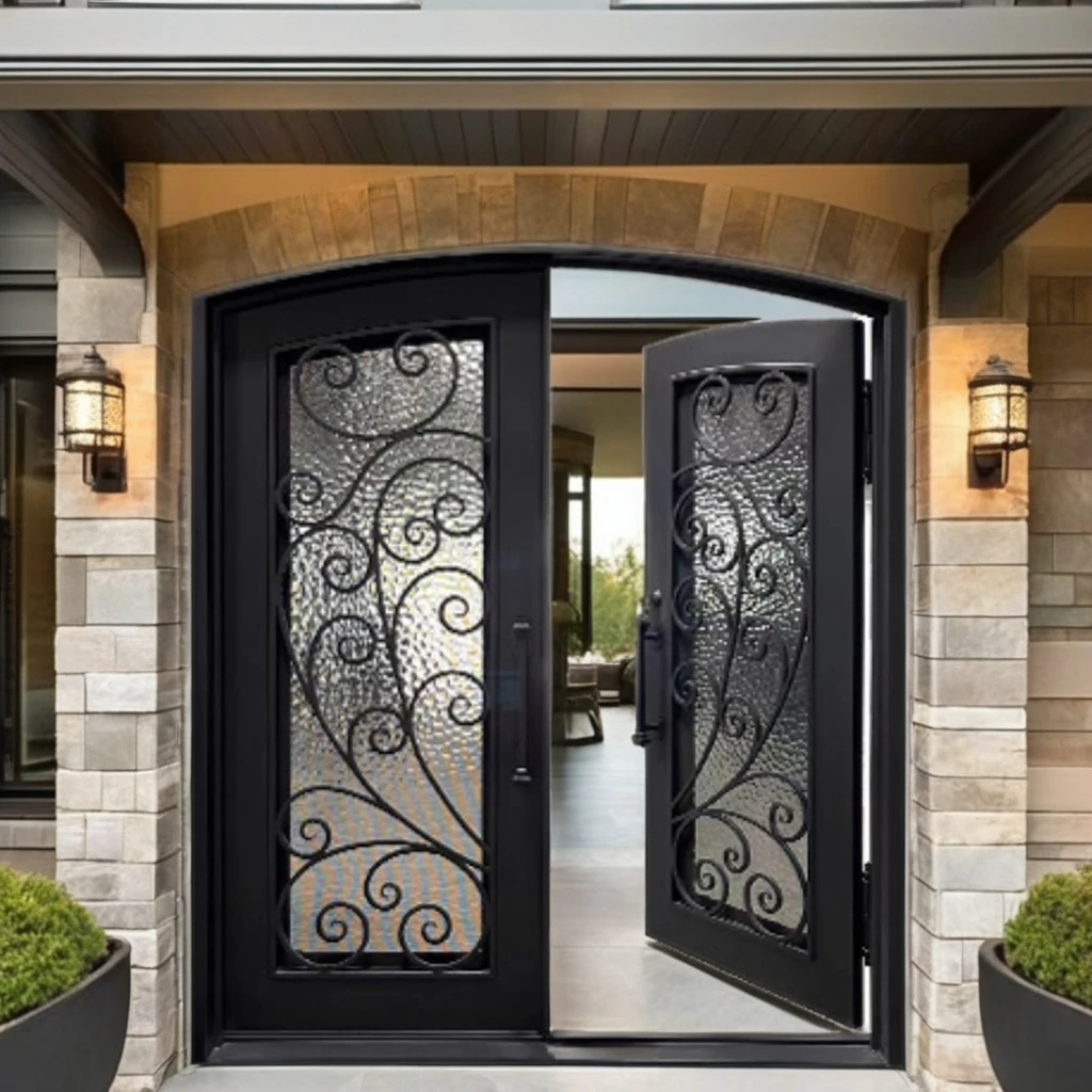 Minimalist Swing Fiberglass Door Entry Wrought Iron Double Door Push Pull Function  Arch Eyebrow Interior Exterior Home