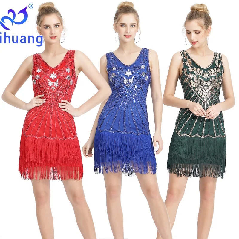 Factory Direct 1920s Vintage V-Neck Party Prom Dance Sequins Tassel Dresses Small Gowns for woman