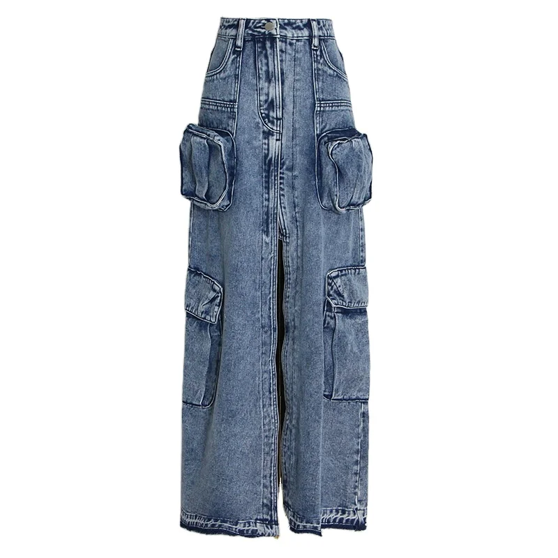 quality pocket pattern 2022 fashionable sexy skinny maxi midi plus size for woman casual long vintage denim skirt patchwork
