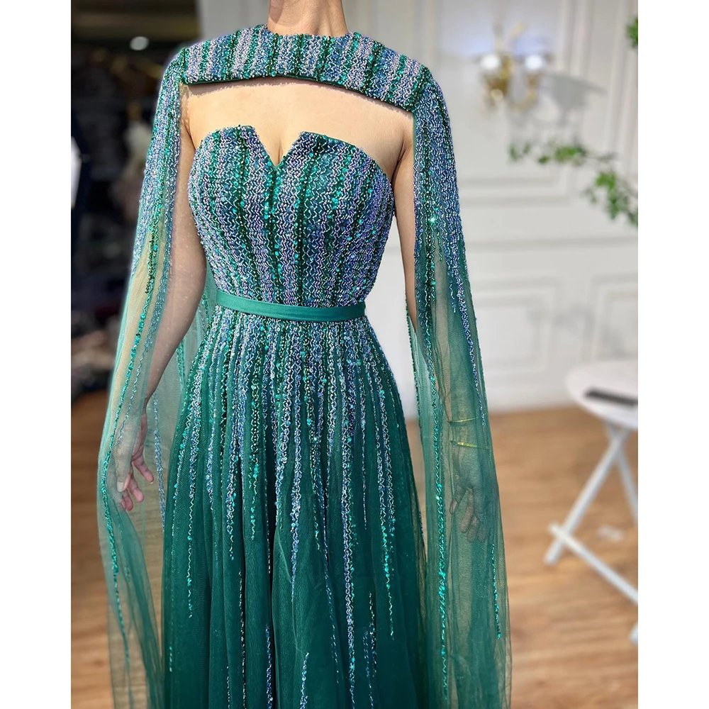 Green Cape Sleeves A Line Beaded Full-length Evening Dresses Serene Hill LA71912 Long 2023 Party Gowns For Woman Wedding